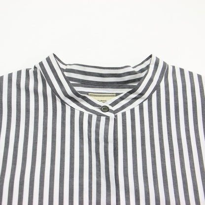 22秋冬 シアー タンブラー ストライプシャツ / ブラウス 長袖 ノーカラー チュニック丈 ワイド スリット コットン