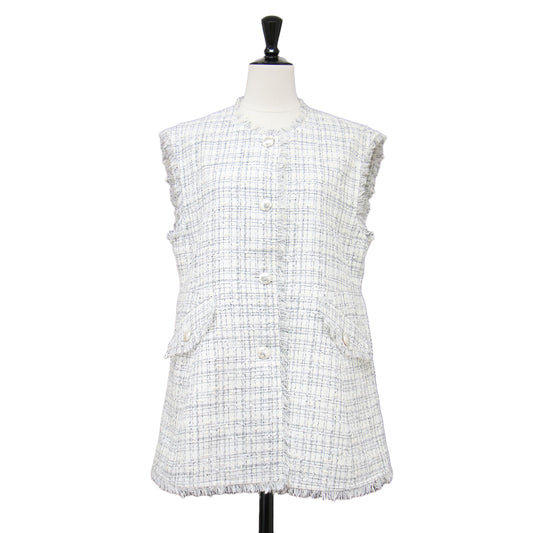 24春夏 ツイード ペプラム ジレ / Charlotte Tweed Alani ベスト ノースリーブ クルーネック フレア フリンジ メタルボタン