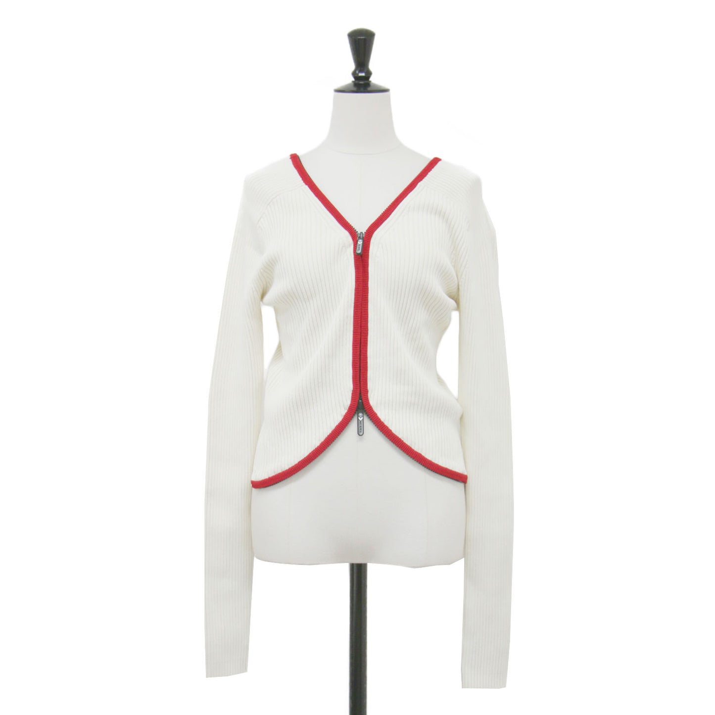 23春夏 ダブルジップ リブニット カーディガン / M-Oira Maglia セーター Vネック 長袖 コンパクト ストレッチ