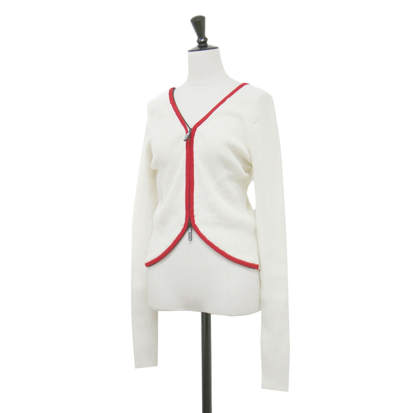 23春夏 ダブルジップ リブニット カーディガン / M-Oira Maglia セーター Vネック 長袖 コンパクト ストレッチ
