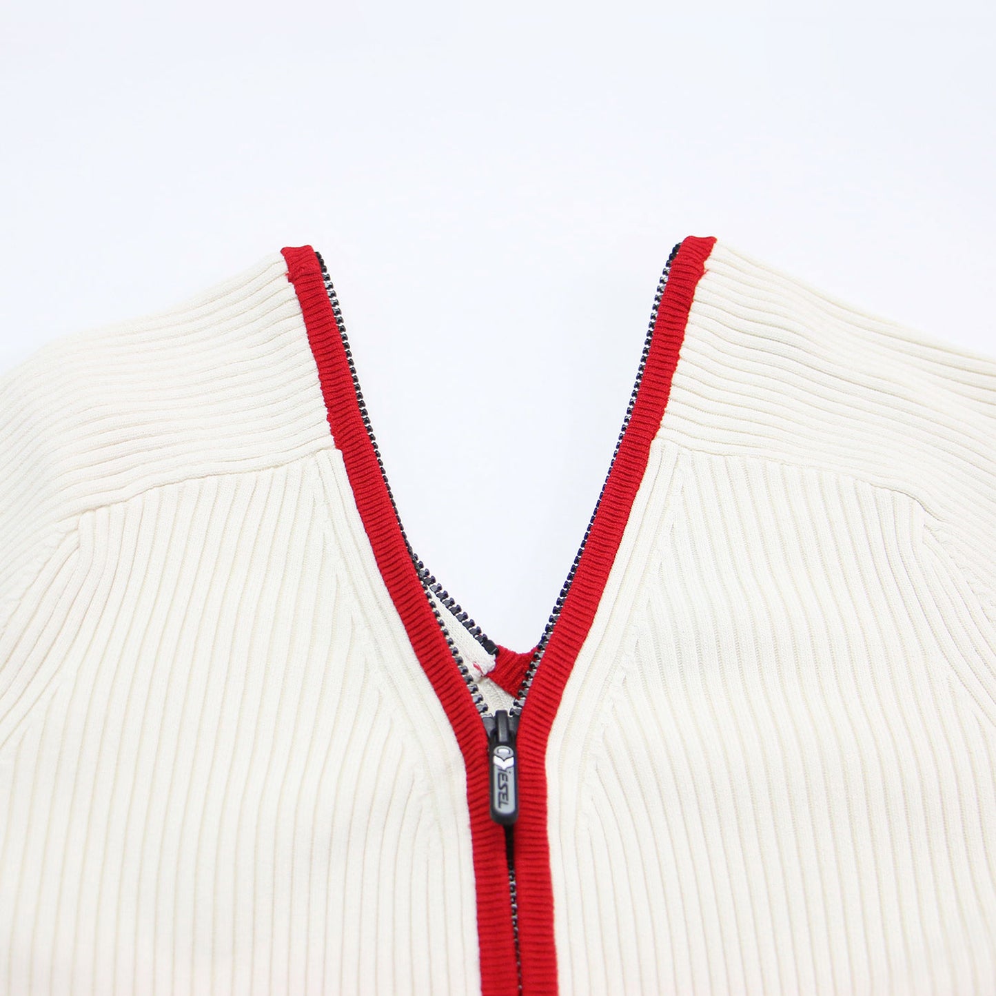 23春夏 ダブルジップ リブニット カーディガン / M-Oira Maglia セーター Vネック 長袖 コンパクト ストレッチ
