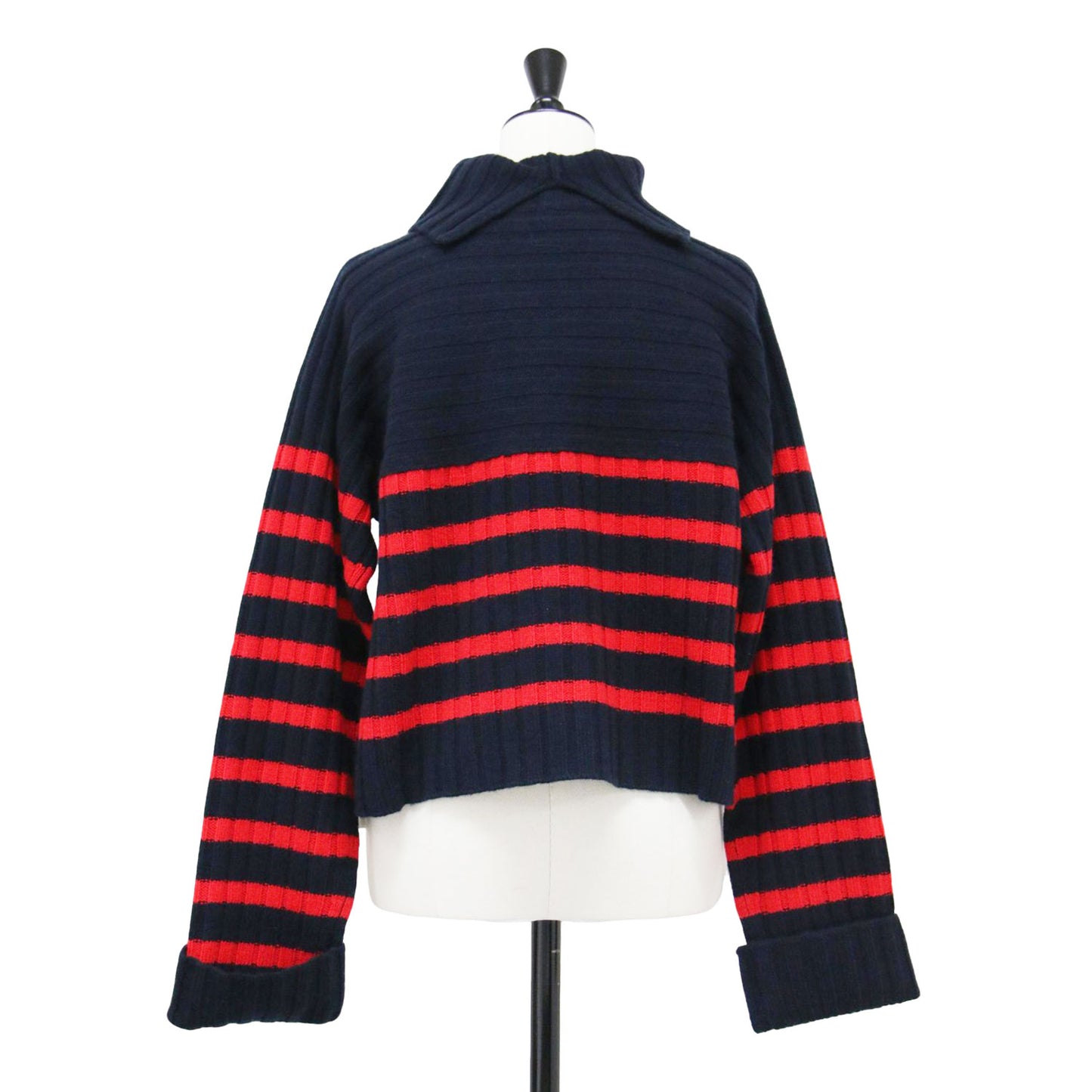 23秋冬 ラムカシミヤ リブ タートルネック プルオーバー / ニット セーター 長袖 ショート丈 ボックス スリット ボーダー