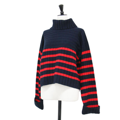 23秋冬 ラムカシミヤ リブ タートルネック プルオーバー / ニット セーター 長袖 ショート丈 ボックス スリット ボーダー