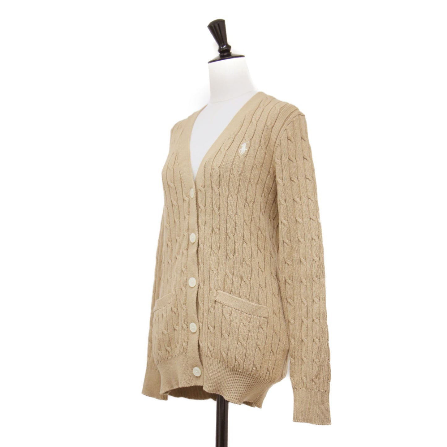 ポニー 刺繍 ケーブルニット カーディガン / 長袖 Vネック コンパクト コットン