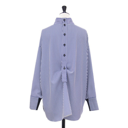 24秋冬 ストライプ バックボタン ブラウス / プルオーバー 長袖 リブ オーバーサイズ ドロップショルダー