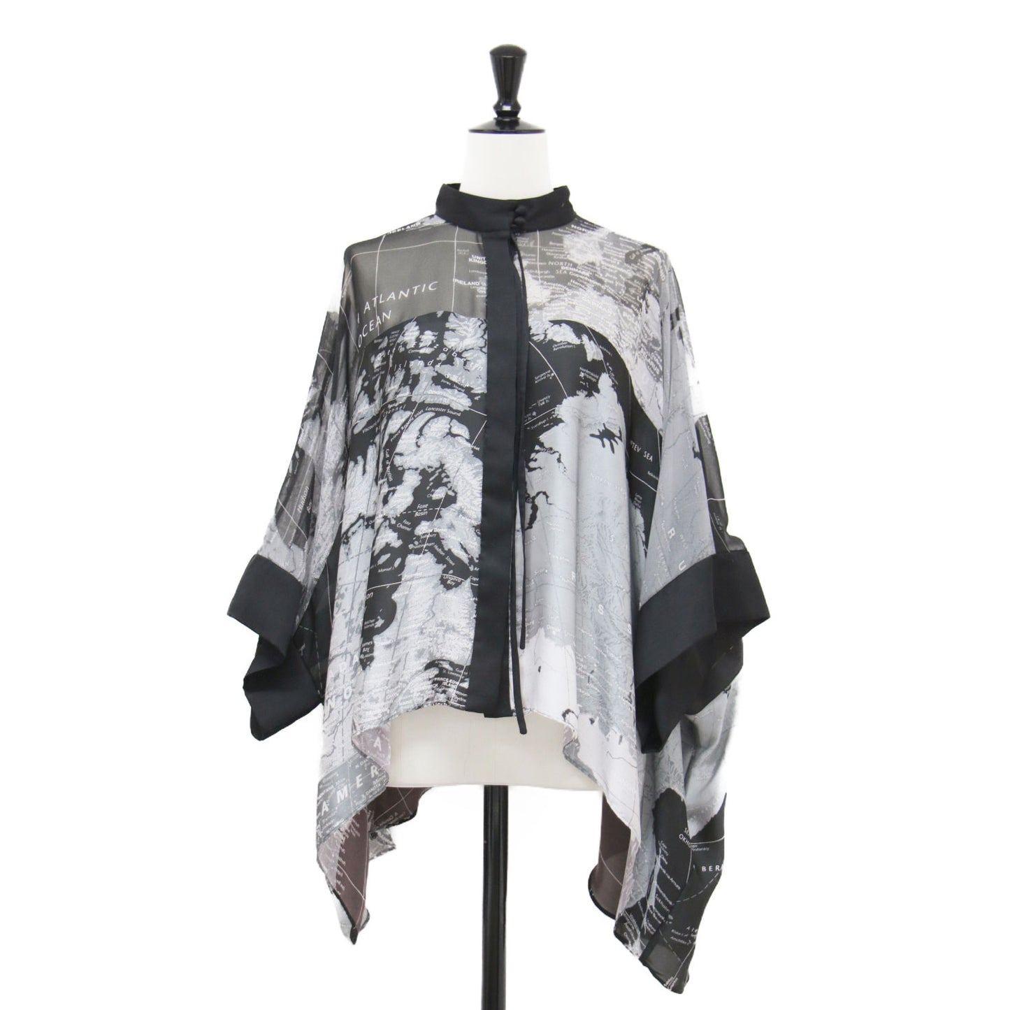 20春夏 シアー マップ プリント ワイドブラウス / シャツ ハイネック 長袖 ドロップショルダー メッシュ