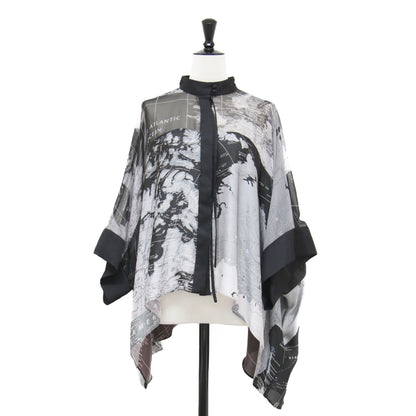 20春夏 シアー マップ プリント ワイドブラウス / シャツ ハイネック 長袖 ドロップショルダー メッシュ