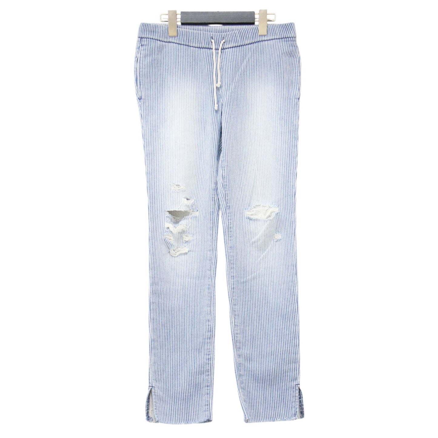 ダメージ加工 ヒッコリー裏毛パンツ / R.H.VINTAGE イージーパンツ フルレングス ウエストゴム ドローコード ストライプ ストレッチ ステッチ カットオフ コットン