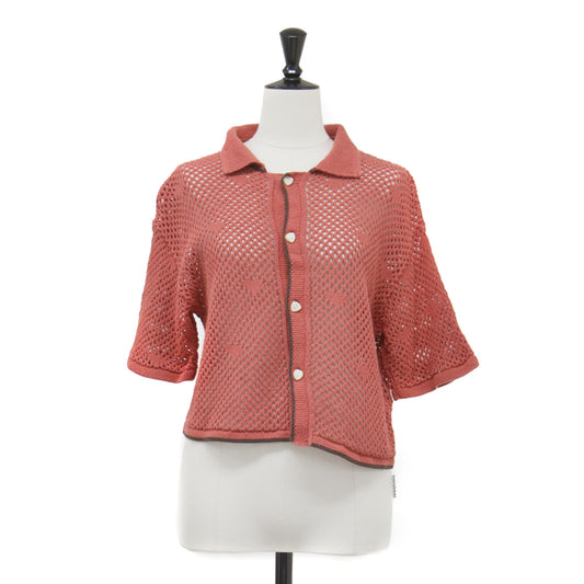 24春夏 メッシュ編み 半袖ニット / プルオーバー ショート丈 半袖 モチーフ編み ハート柄 ボタンダウン コットン ウォッシャブル