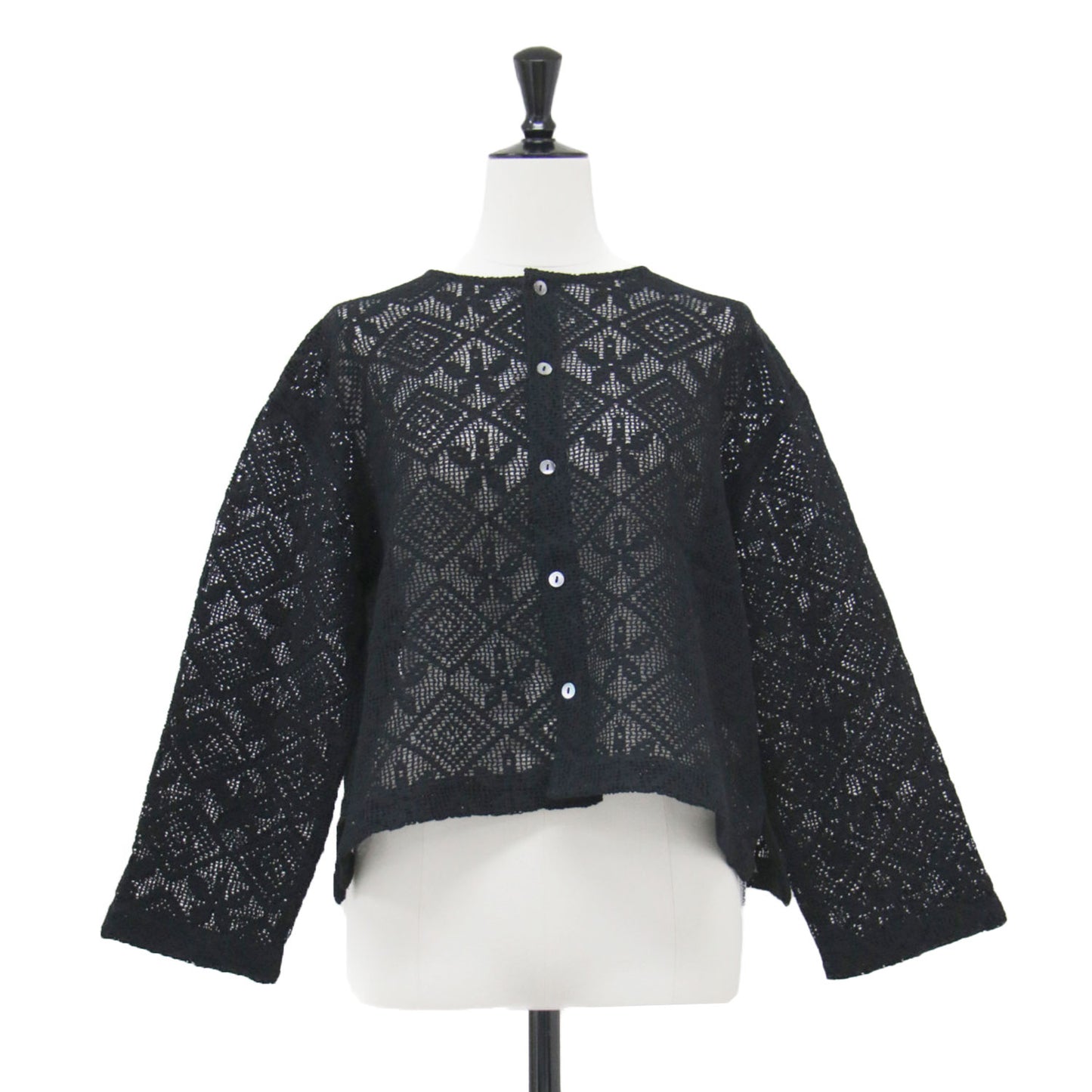 25春夏 レースシャツ カーディガン / ブラウス 長袖 クルーネック ワイド かぎ編み シアー 花柄 コットン