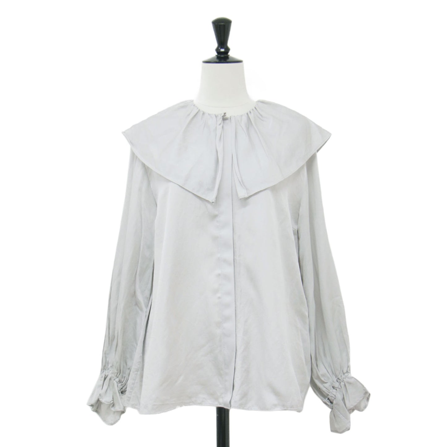 23秋冬 コットン シルク サテン ラッフルカラーブラウス / シャツ 長袖 ギャザー タック 比翼ボタン