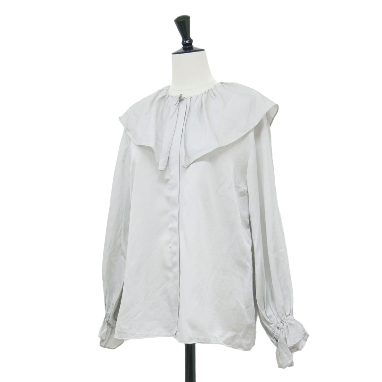 23秋冬 コットン シルク サテン ラッフルカラーブラウス / シャツ 長袖 ギャザー タック 比翼ボタン