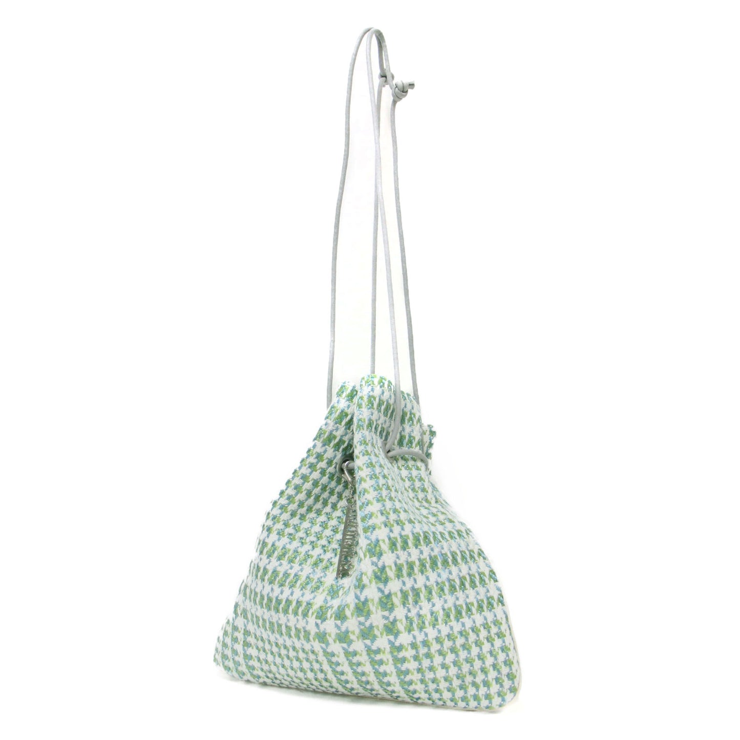 ツイード 巾着 バッグ / ショルダーバッグ ハンドバッグ 肩掛け シルバー ロゴ チャーム