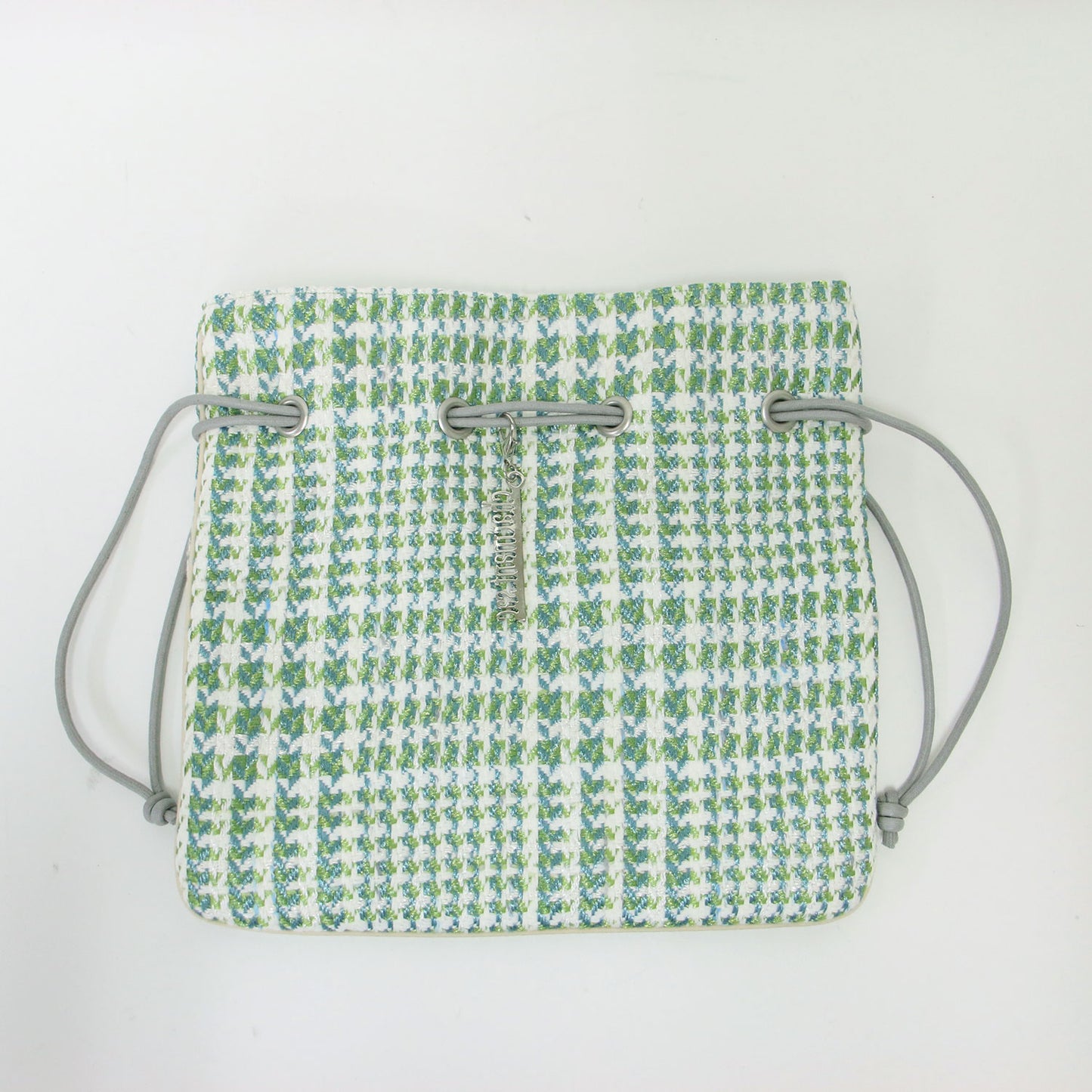 ツイード 巾着 バッグ / ショルダーバッグ ハンドバッグ 肩掛け シルバー ロゴ チャーム