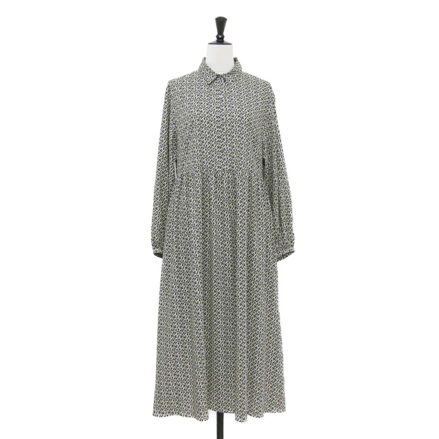 24秋冬 BBカリグラフィプリント ボウタイワンピース / ドレス 長袖 シャツカラー ミディ丈 リボン 総柄 ギャザー