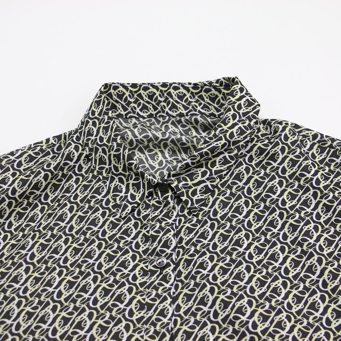 24秋冬 BBカリグラフィプリント ボウタイワンピース / ドレス 長袖 シャツカラー ミディ丈 リボン 総柄 ギャザー