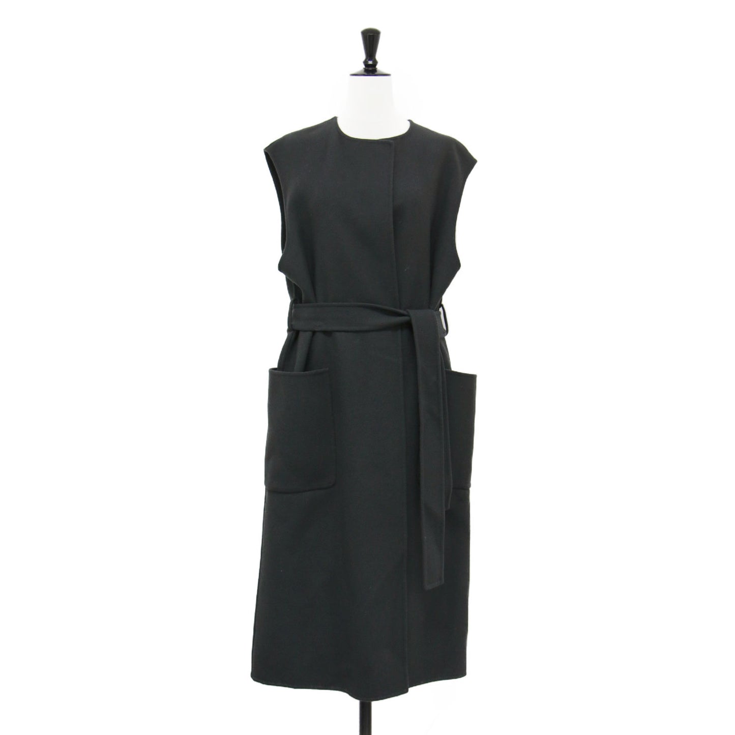 22秋冬 リバー ノーカラーベスト / ジレ ロング丈 スリット リボン ウール