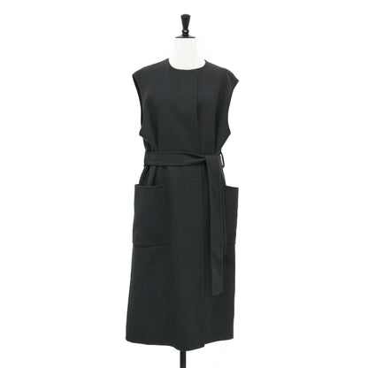 22秋冬 リバー ノーカラーベスト / ジレ ロング丈 スリット リボン ウール