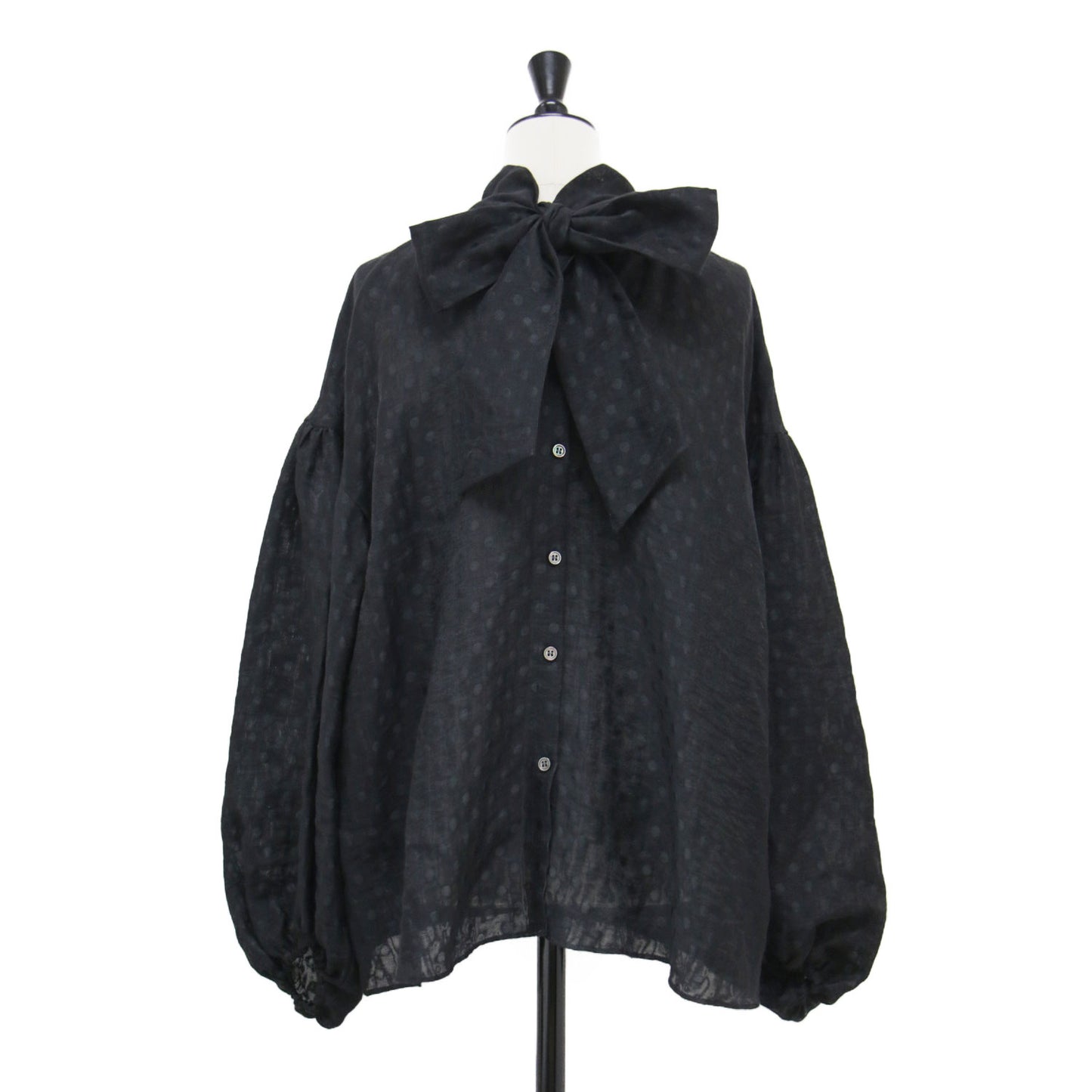 24秋冬 シアードット ボウタイ ブラウス / IPEKERDOT シャツ チュニック丈 ボリュームスリーブ フレア リボン