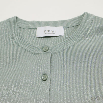 25秋冬 emmiロゴ アンサンブル ニット トップス / カーディガン ハーフスリーブ クルーネック リブ ラメ 刺繍