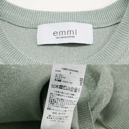 25秋冬 emmiロゴ アンサンブル ニット トップス / カーディガン ハーフスリーブ クルーネック リブ ラメ 刺繍