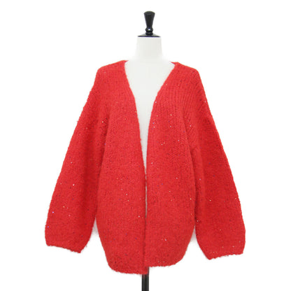 25秋冬 スパンコール フラッフィー ニット カーディガン / Sequin Fluffy Knit CD 長袖 Vネック ミディ丈 ルーズシルエット ボタンレス フロントオープン ウール