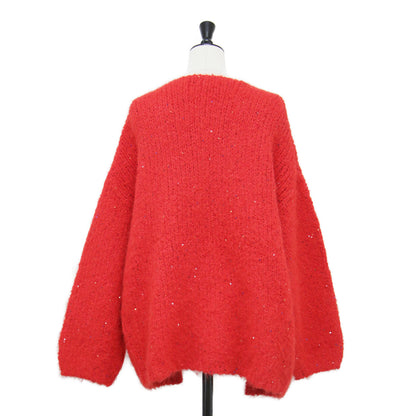 25秋冬 スパンコール フラッフィー ニット カーディガン / Sequin Fluffy Knit CD 長袖 Vネック ミディ丈 ルーズシルエット ボタンレス フロントオープン ウール