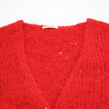 25秋冬 スパンコール フラッフィー ニット カーディガン / Sequin Fluffy Knit CD 長袖 Vネック ミディ丈 ルーズシルエット ボタンレス フロントオープン ウール
