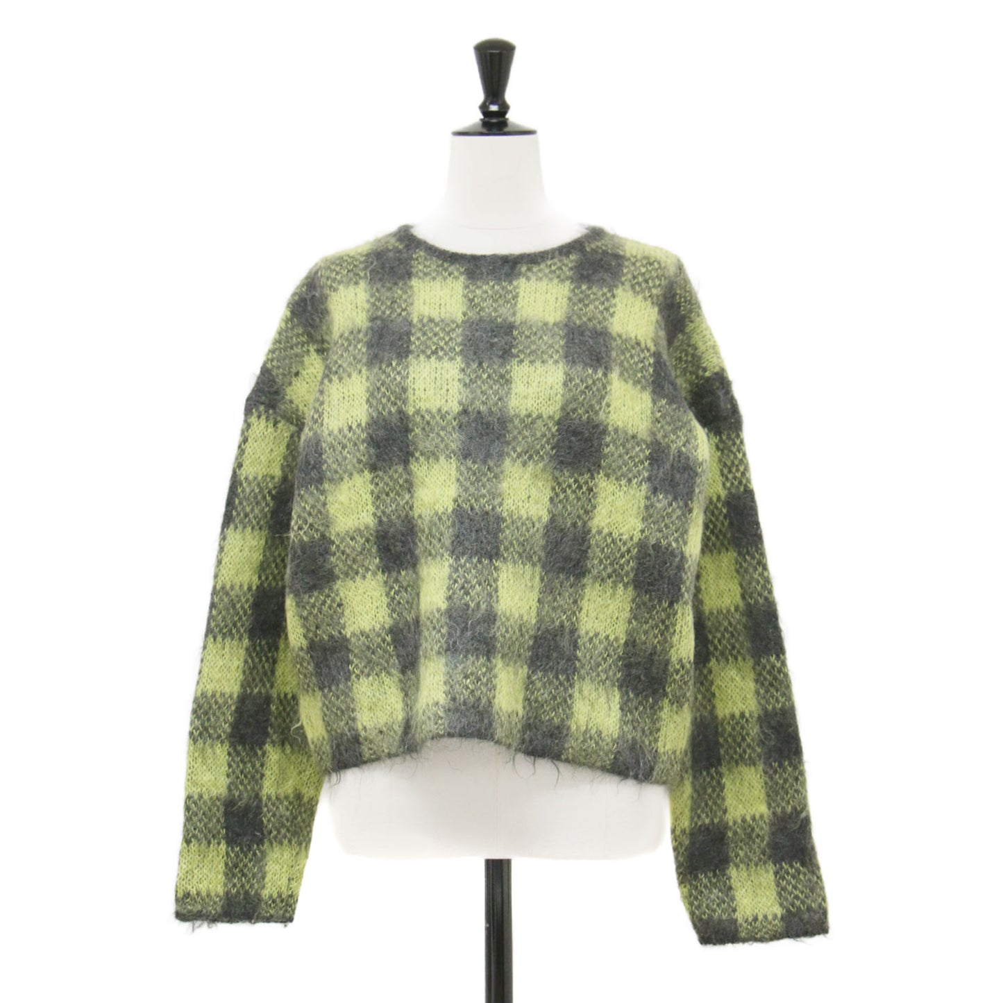 20秋冬 モヘヤジャカード クルーネック プルオーバー / ニット ショート丈 長袖 チェック柄 ウール