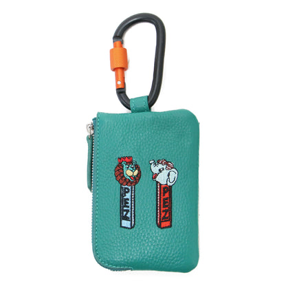 ×PEZ カラビナ付き パス＆キーケース / マルチケース コインケース キーリング ZOO柄 ロゴ 刺繍 本革 ユニセックス