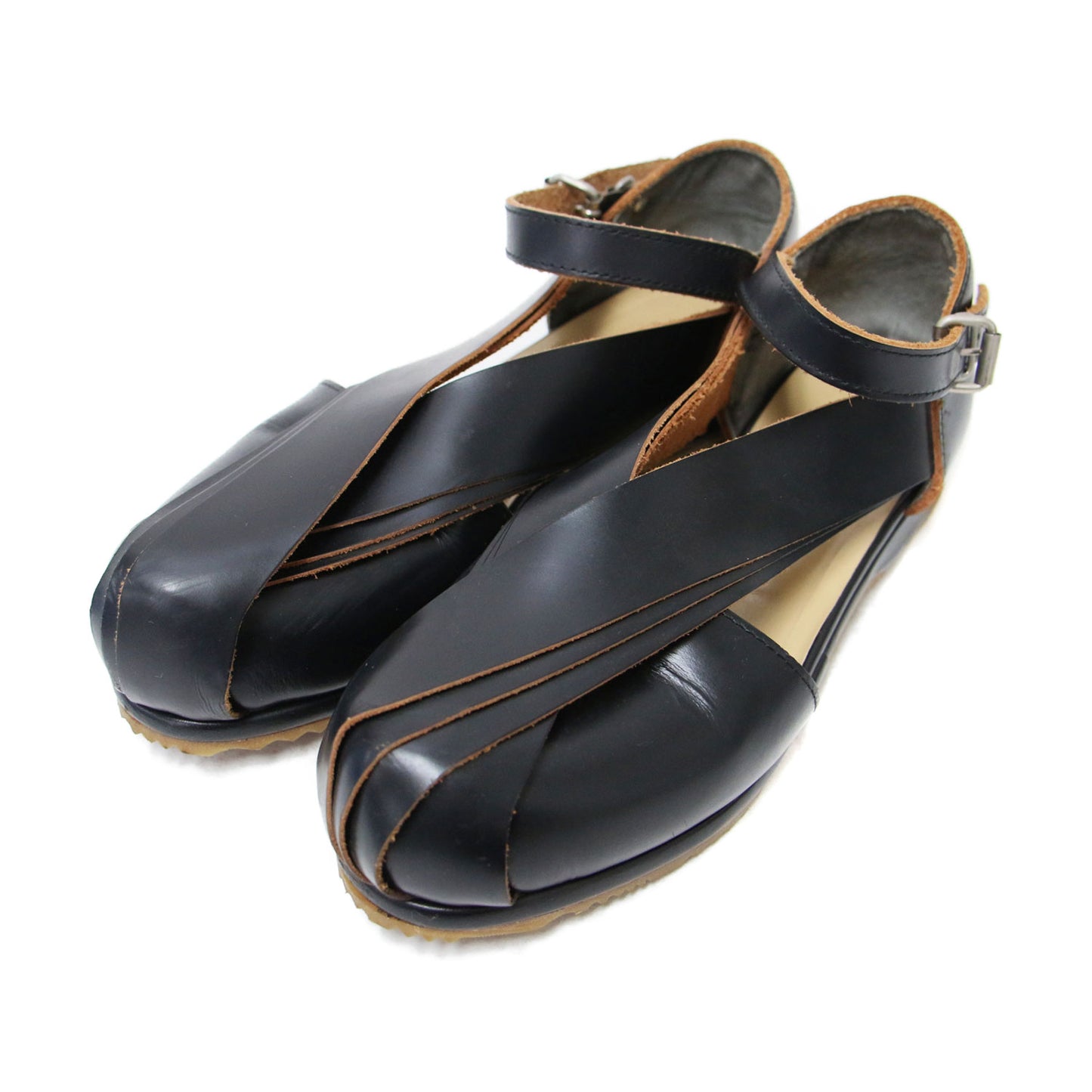 アンクルストラップ シューズ / フラット ラウンドトゥ クロスベルト レザー