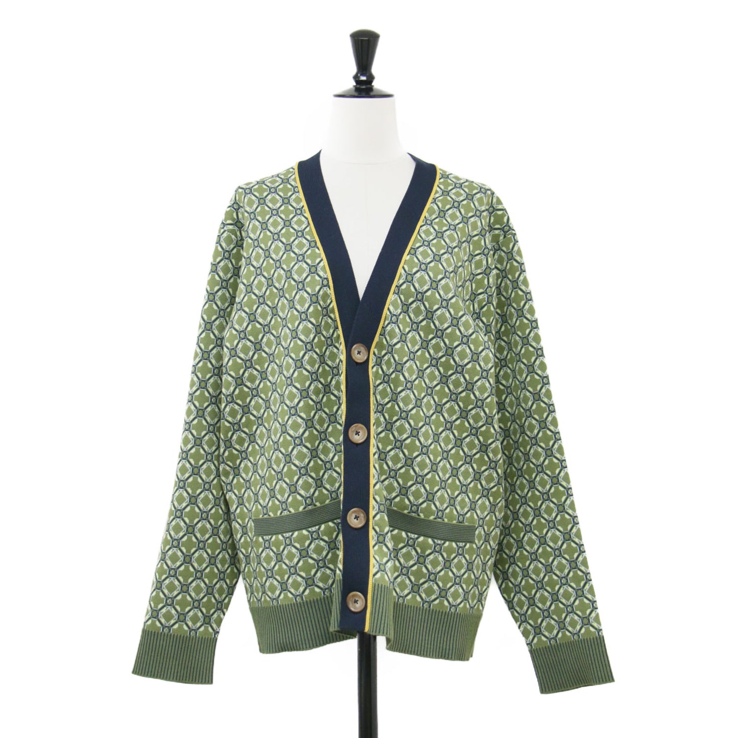 24春夏 クロスタイル ジャカード Vネック カーディガン / ニット 長袖 オーバーサイズ 幾何学柄