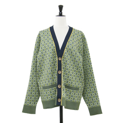 24春夏 クロスタイル ジャカード Vネック カーディガン / ニット 長袖 オーバーサイズ 幾何学柄