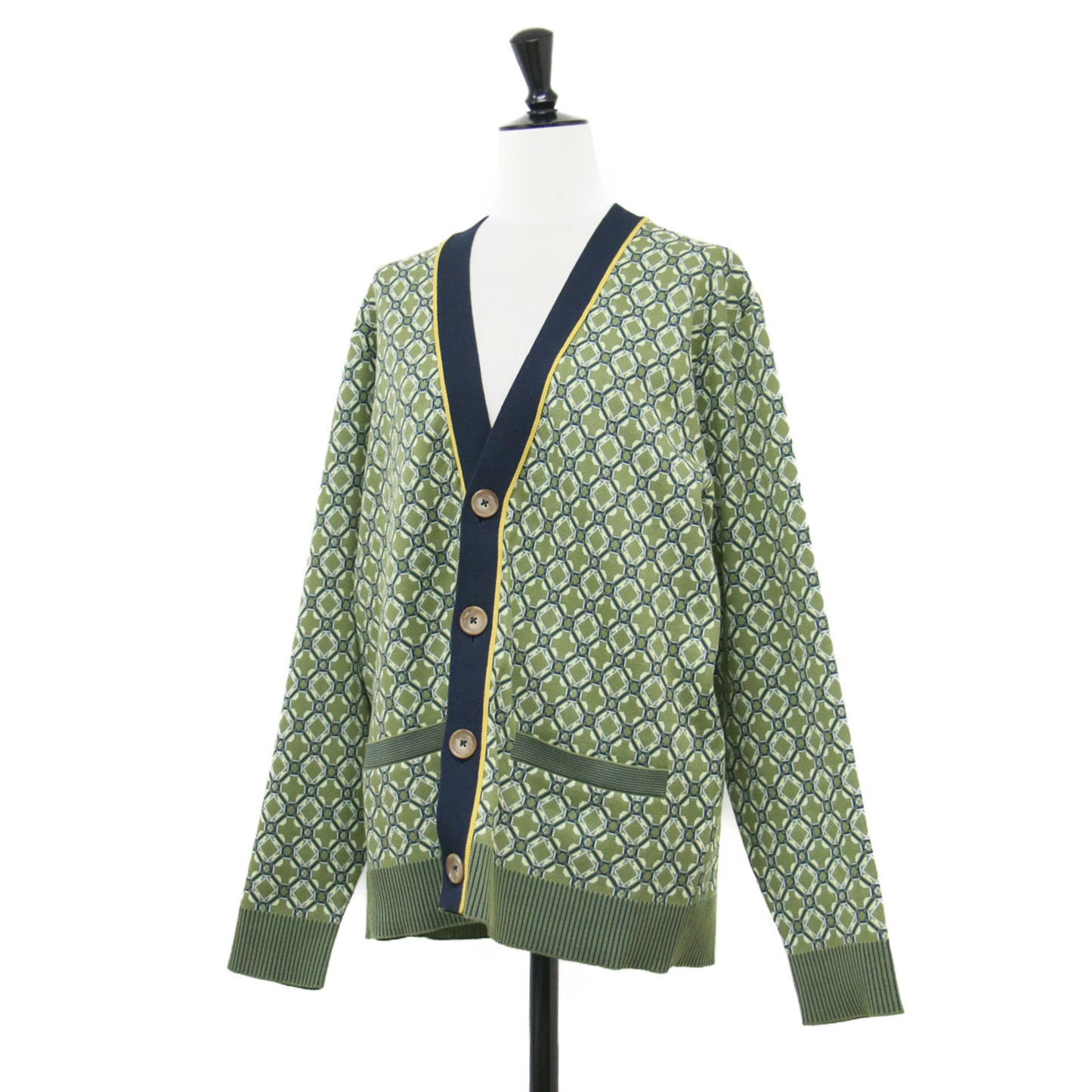 24春夏 クロスタイル ジャカード Vネック カーディガン / ニット 長袖 オーバーサイズ 幾何学柄