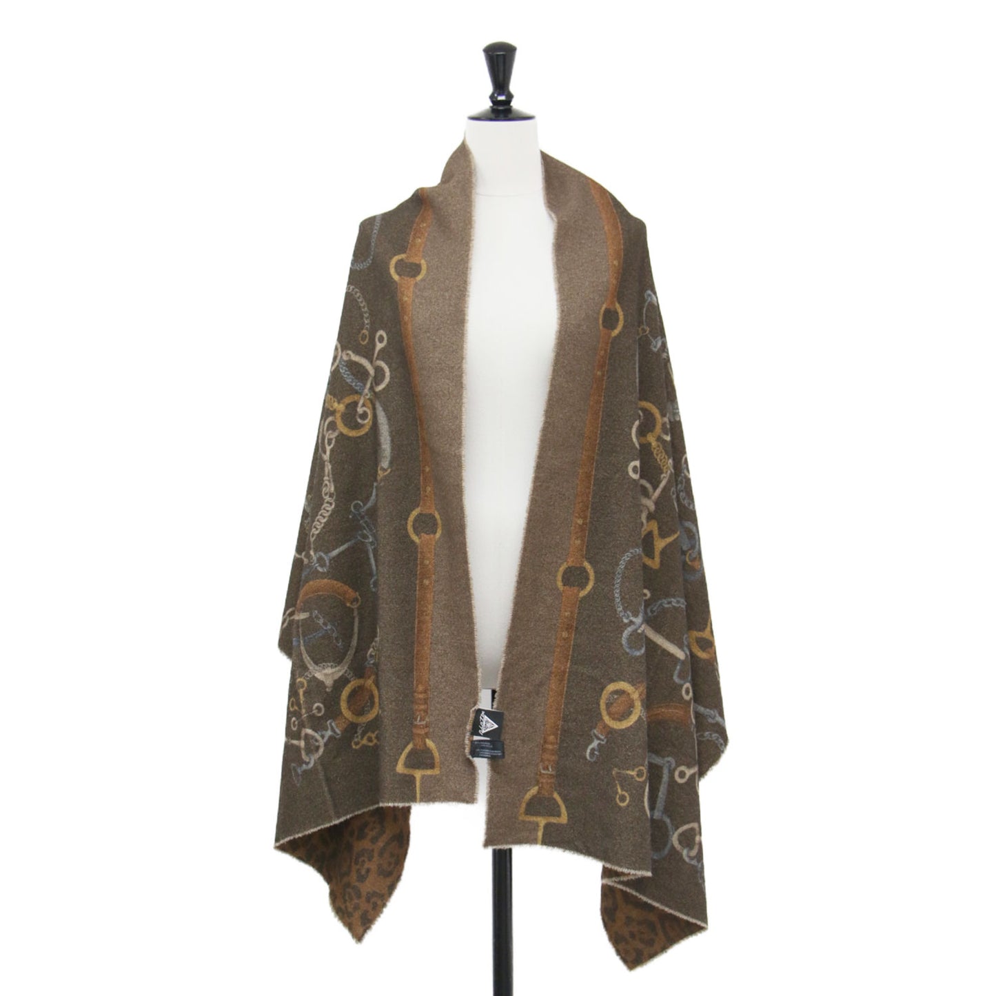 ウール カシミヤ リバーシブル ストール / マフラー 大判 レオパード チェーン プリント 総柄