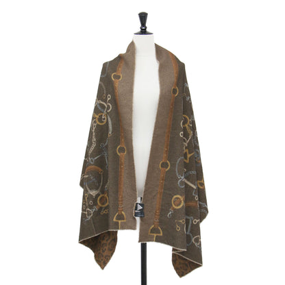 ウール カシミヤ リバーシブル ストール / マフラー 大判 レオパード チェーン プリント 総柄