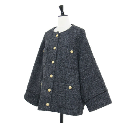 21秋冬 ノーカラー ツイード ジャケット / 長袖 ワイドスリーブ 金ボタン ウール