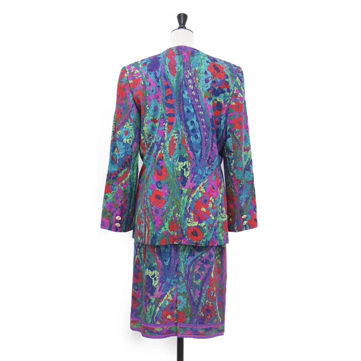 花柄 水彩 ノーカラージャケット スカート スーツ / セットアップ 長袖 総柄 Vネック 金ボタン スリット 膝丈 シルク