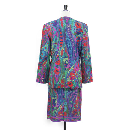 花柄 水彩 ノーカラージャケット スカート スーツ / セットアップ 長袖 総柄 Vネック 金ボタン スリット 膝丈 シルク