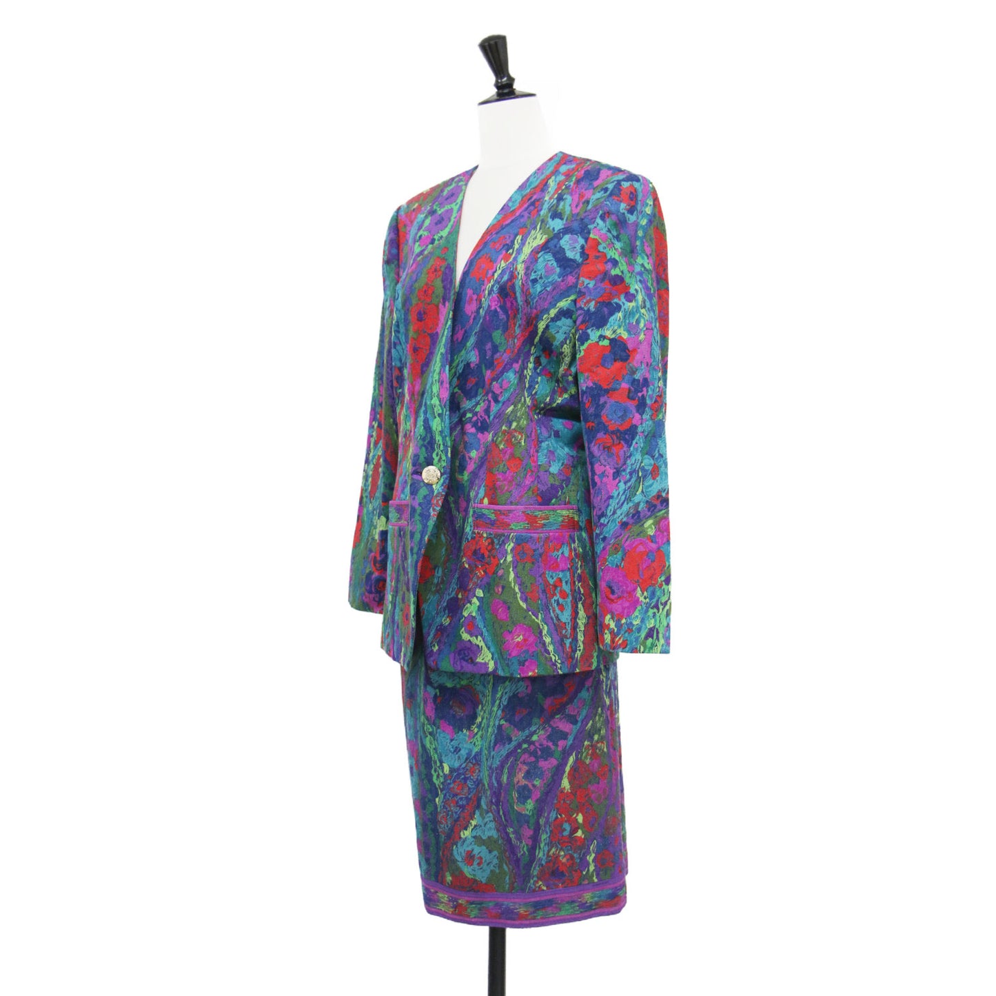 花柄 水彩 ノーカラージャケット スカート スーツ / セットアップ 長袖 総柄 Vネック 金ボタン スリット 膝丈 シルク