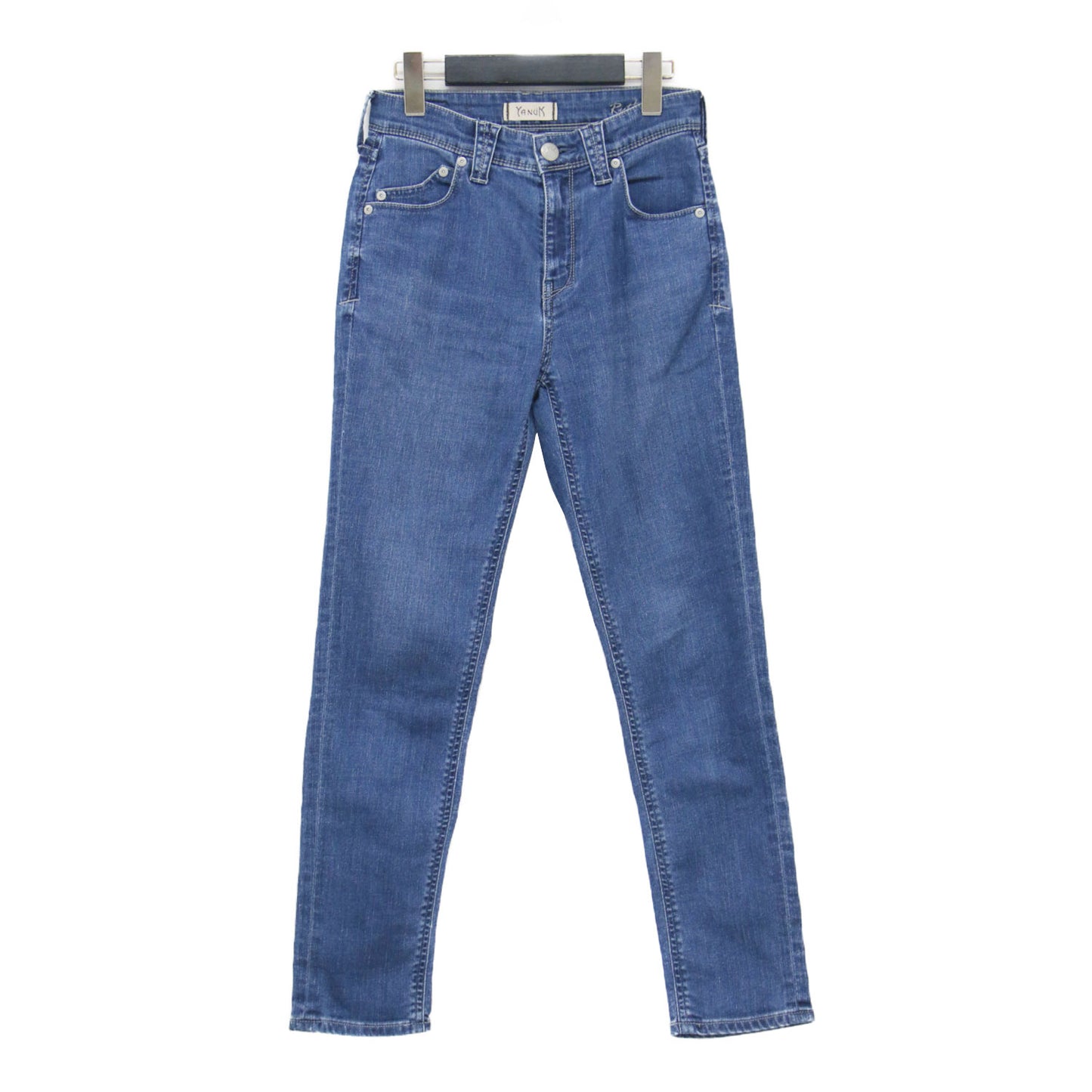 スリムテーパード デニムパンツ / RUTH ミッドライズ レザーパッチ ストレッチ 刺繍