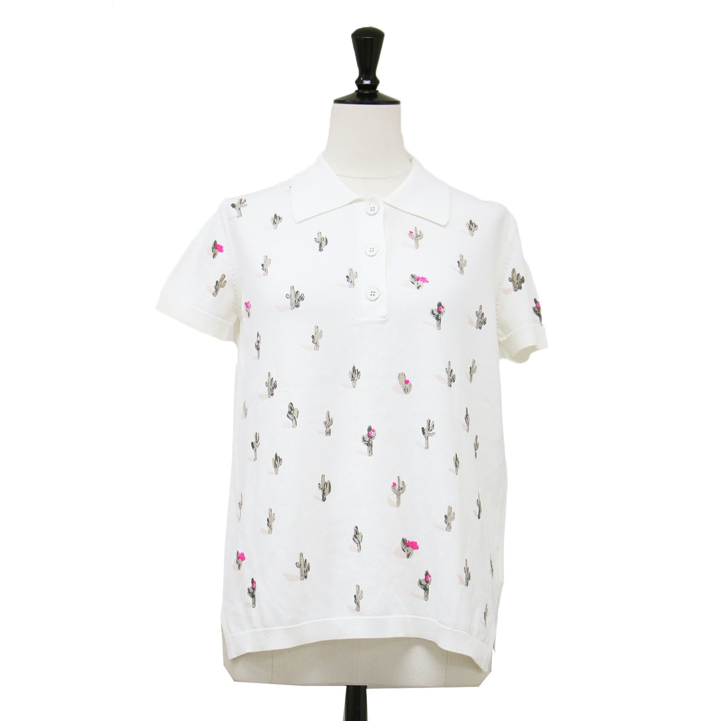 サボテン柄 ポロ プルオーバー / ニット 半袖 スリット ハイゲージ