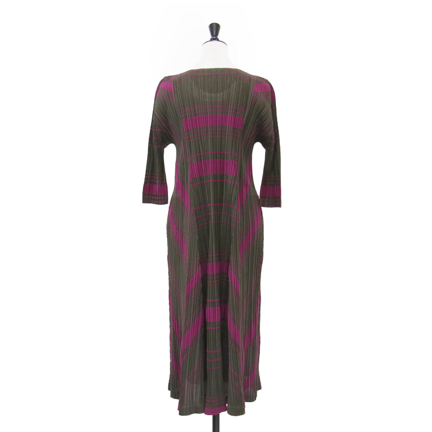 ボーダー 7分袖 プリーツワンピース / クルーネック 長袖 柄総 ストレッチ コットン