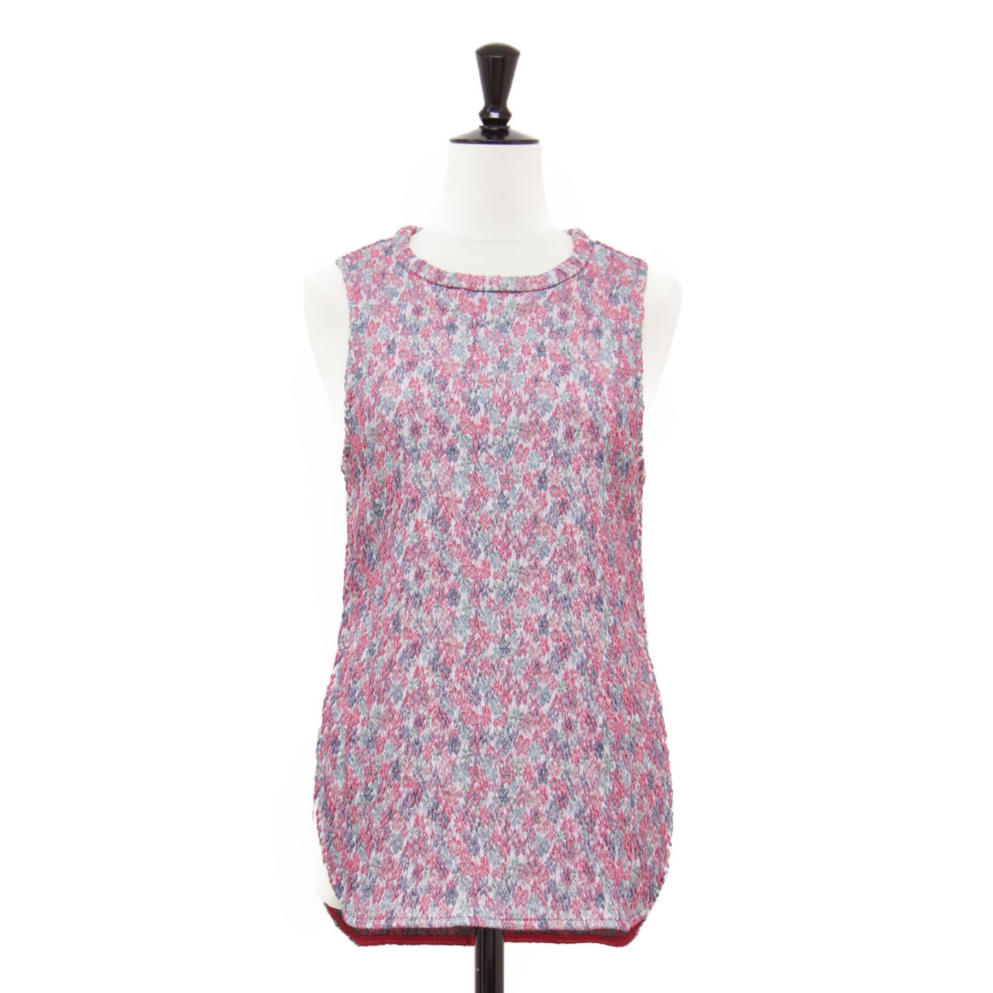 24秋冬 フラワージャガード ストレッチタンクトップ / プルオーバー クルーネック ノースリーブ サイドスリット 花柄 凹凸