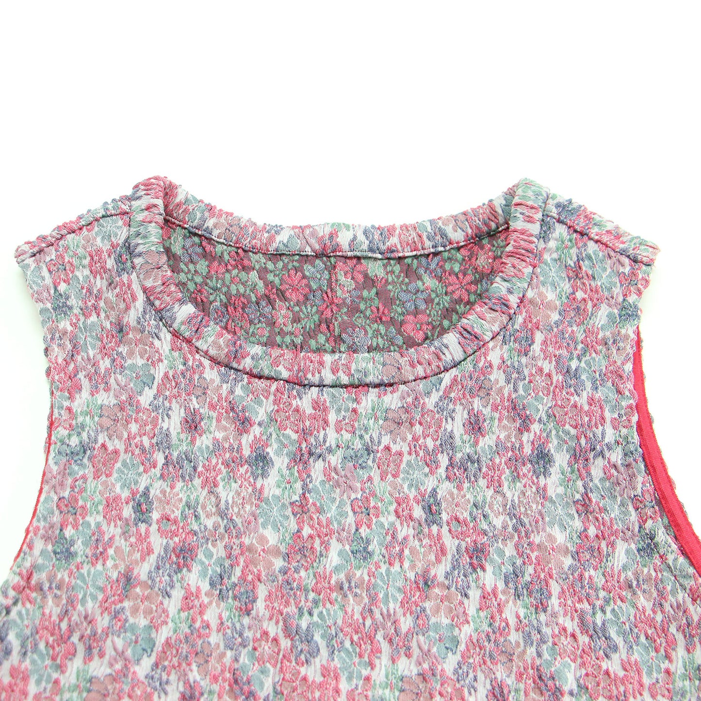 24秋冬 フラワージャガード ストレッチタンクトップ / プルオーバー クルーネック ノースリーブ サイドスリット 花柄 凹凸