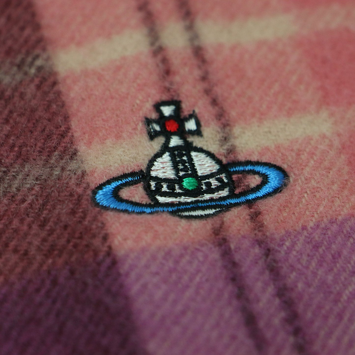 ウール チェック マフラー / フリンジ ロゴ 刺繍