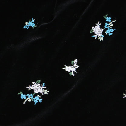24秋冬 スクエアネックベロア刺繍ワンピース / ドレス 長袖 バックリボン 花柄 Aライン ウエスト切替 ストレッチ