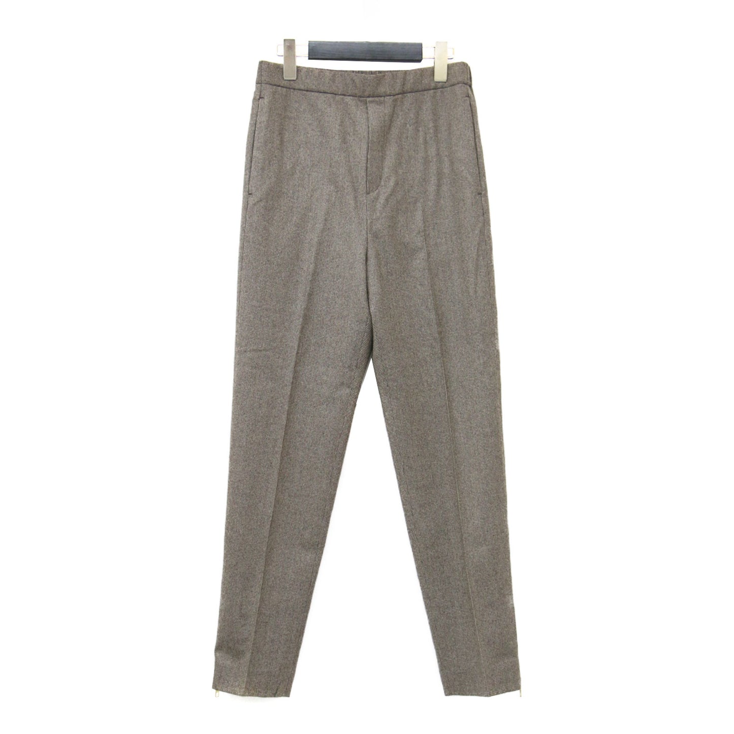 スリット テーパードパンツ ハウンドトゥース / ストレート センタープレス サイドジップ 総柄 ウエストゴム ウール