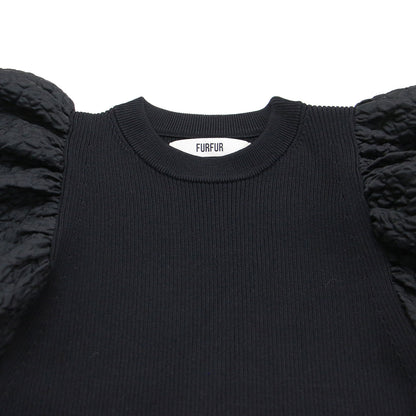 22春夏 シアー ジャガード リブ プルオーバー / ニット 5分袖 クルーネック コンパクト ストレッチ