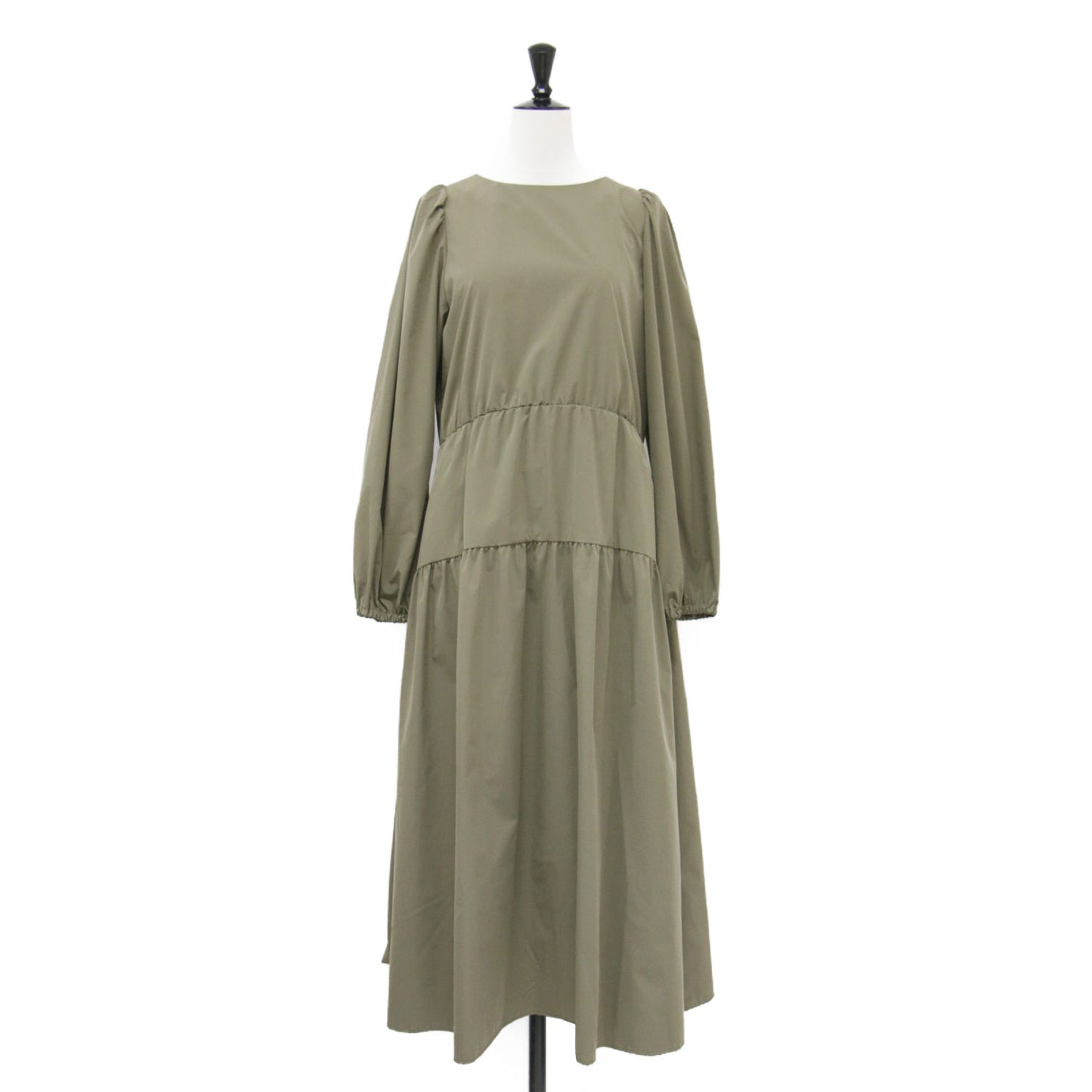 23秋冬 バックオープンギャザーワンピース / ドレス クルーネック 長袖 パフスリーブ フレア Aライン ウォッシャブル